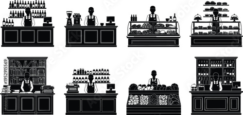 Black silhouette set featuring workers at shop counters including bakery, coffee shop, wine bar, bookstore, pharmacy, and grocery market stalls.
