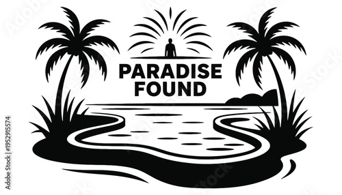 Paradise found vector illustration with palm trees and serene ocean view