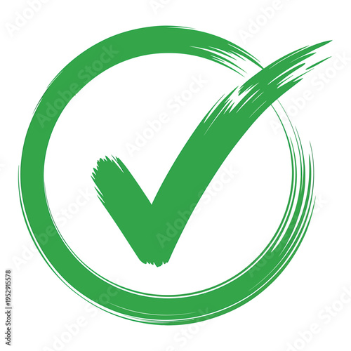 Green check mark symbol in a rough circle indicating success and agreement with hand drawn brush strokes isolated on transparent background