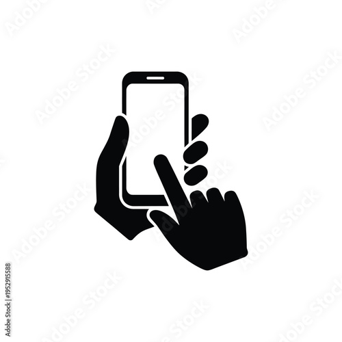 Black icon of hand holding smartphone and finger touching screen representing mobile usage and user interaction with technology isolated on transparent background