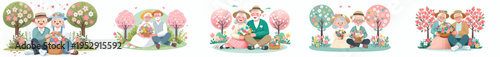 vector of a old couple sitting together after picking flowers in the garden during spring