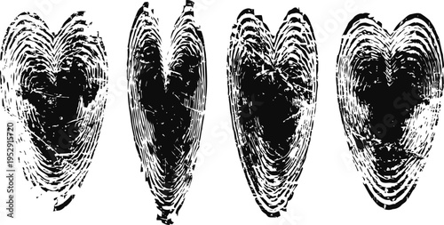 Four abstract heart shaped black ink fingerprints on white background, artistic texture and pattern