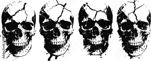 Grunge cracked skulls set dark horror illustrations with rough textures and scratches