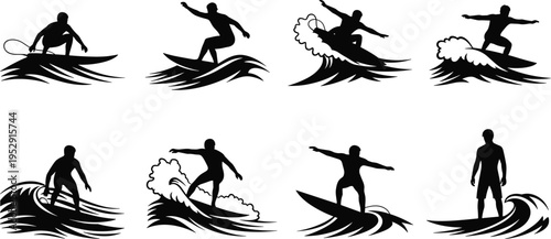 Black silhouette set of surfers riding ocean waves, featuring professional surfing maneuvers, extreme water sports, summer beach recreation, and surfboard icons.