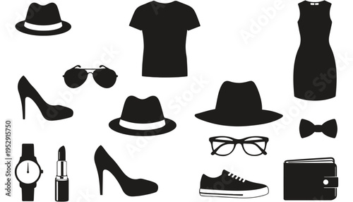 Fashion icon silhouette illustration with various stylish accessories and clothing