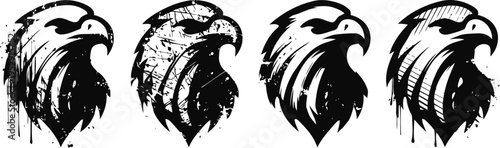Eagle head silhouette set with grunge texture bird of prey, fierce profile, strength and freedom concept