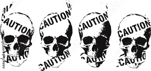 black skull silhouettes with diagonal caution tape design isolated on white