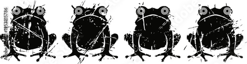 Group of four black silhouette frogs sitting in a row isolated on white background