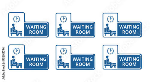 Illustrative waiting room signs depicting a seated person and a clock