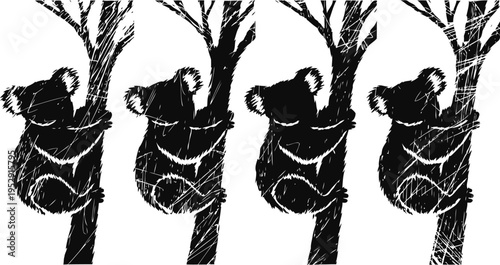 four black koalas climbing a group of trees in rustic silhouette