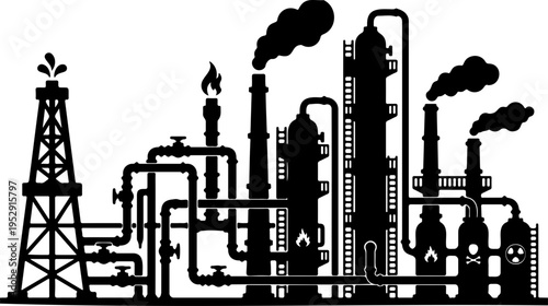 Industrial oil refinery plant silhouette featuring a factory building and male worker against an urban city skyline vector illustration with black grunge chimneys and power towers
