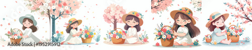 vector of a little girl sitting with a basket of flowers in spring
