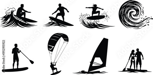 Black silhouette set of water sports activities featuring surfing on waves, kitesurfing, windsurfing, stand up paddle boarding, and ocean summer recreation.