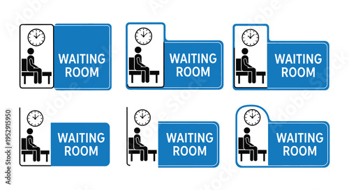 Illustrative waiting room signs depicting a seated person and a clock