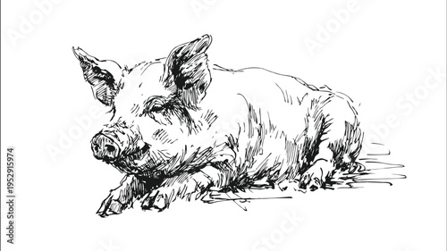 Resting pig lying down illustration in detailed black ink sketch isolated on white background