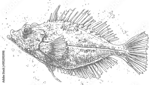 Detailed hand drawn illustration of a spiny fish with textured scales and fins underwater