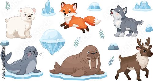 Arctic Wildlife Animal Illustration Set with Polar Bear Fox Wolf Seal Walrus Reindeer and Iceberg Elements Cute Polar Region Character Collection