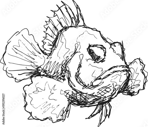 Hand drawn sketch of a fish with large fins and spiky dorsal fin isolated on white background