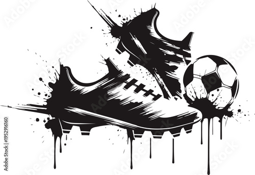 black soccer cleats and ball artwork with paint splatter and dripping effect