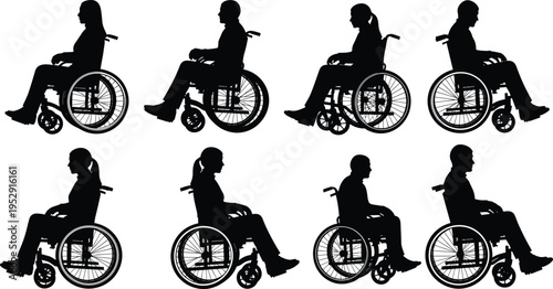 Black silhouettes of diverse men and women in wheelchairs, side view disability mobility icons set for accessibility and inclusion design.