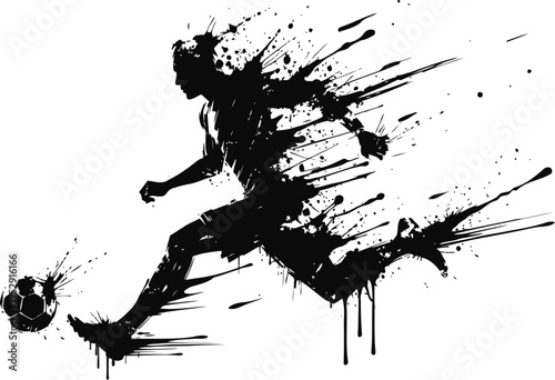 Dynamic black ink splatter silhouette of soccer player kicking ball in motion, artistic sports illustration