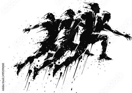 Dynamic black ink silhouette of a male sprinter accelerating with motion lines and paint splatter effect