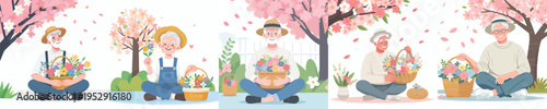 vector of a grandfather sitting with a basket of flowers in spring
