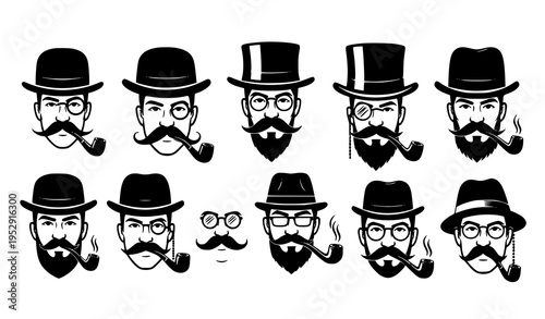 Vintage gentleman silhouette set with hats mustaches glasses and pipe vector isolated on white background