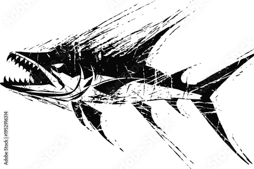Aggressive fish silhouette with sharp teeth and dynamic splatter effect, underwater predator illustration