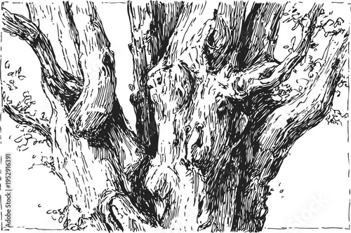 Old tree trunk with thick branches detailed black and white sketch of nature wood bark texture