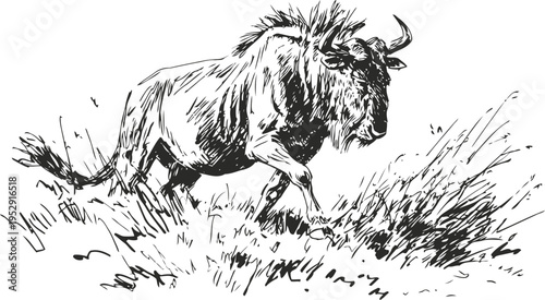 Wild bison running through grassland with its head lowered and muscular body in motion