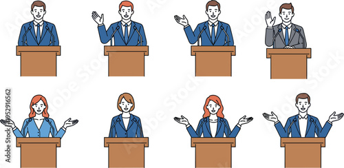 Business Professional Speakers Standing at Podium Giving Speech, Political Leader Character Set, Conference Presentation Gestures, Vector Illustration for Corporate Events.