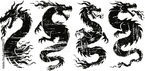 Black grunge dragon designs fierce mythical serpent creatures in vintage worn texture asian fantasy beast illustrations