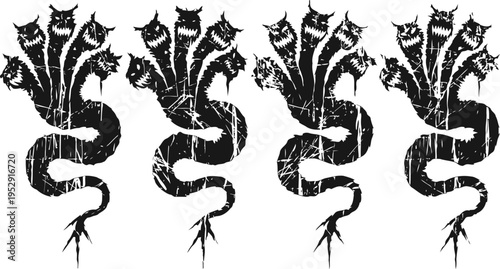 Grunge hydra illustration with multiple heads and serpent body in black ink