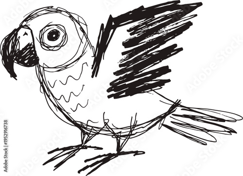 hand drawn sketch of a parrot with large beak, detailed wings and expressive eye on white background
