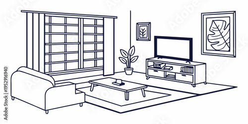 A modern living room with a television, coffee table, and a large window.