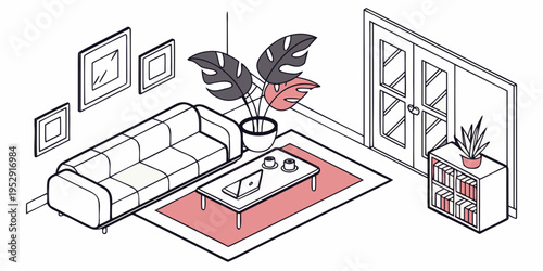 A cozy living room with a couch, coffee table, and decorative plants