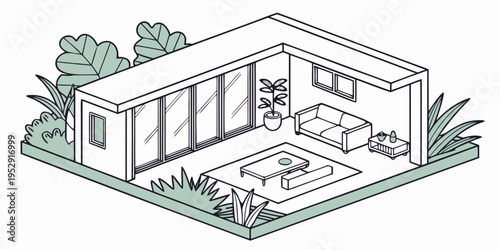 A modern, minimalist house with a small garden and outdoor furniture.