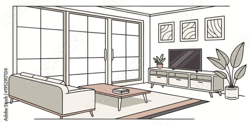 Modern bedroom with glass doors leading to a living room with a television and plants