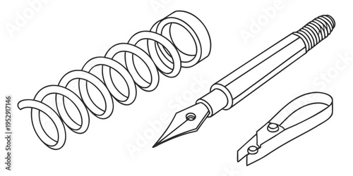 A collection of writing tools including a fountain pen, a spring, and a pair of pliers