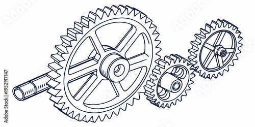 A detailed illustration of various gears and a gear assembly mechanism