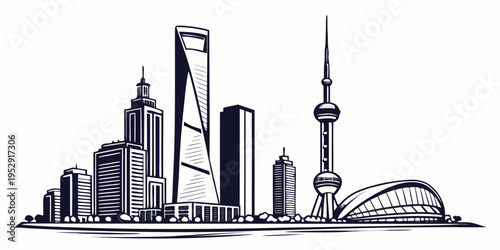 A detailed black and white illustration of the shanghai skyline featuring iconic buildings