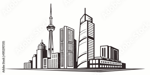 A black and white illustration of a city skyline featuring various buildings and a tower.