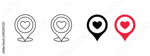 map pin heart icons pack, favorite and saved location symbols, gps navigation markers for maps and travel applications, dating and user interface design elements, modern clean vector