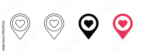 favorite location icon set, map pin with heart symbol for saved and loved places, navigation and gps location icons collection, travel apps dating services ui design, clean minimal vector