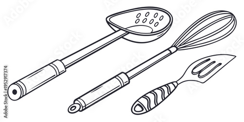 A set of kitchen utensils including a spatula, whisk, and ladle