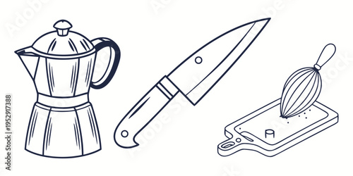 A variety of kitchen utensils including a coffee pot, knife, and grater