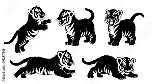 Set of Five Black Silhouette Tiger Cubs Playing and Pouncing
