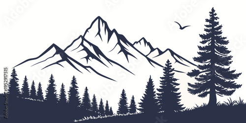 Majestic mountains and trees under a clear blue sky with a soaring eagle.