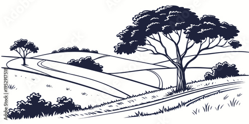 A serene landscape with a winding path and lush trees in the countryside